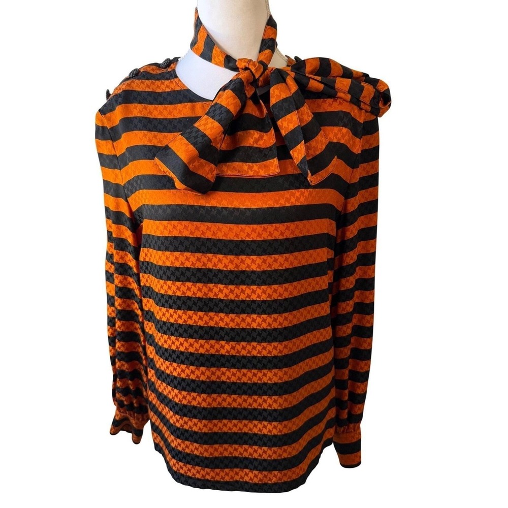 Celine Paris Vintage Silk Blouse Orange Black Striped Houndstooth Bow Top 46